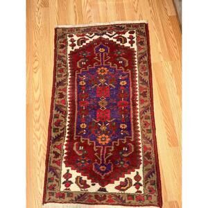 Vintage Hand Knotted Wool Persian Turkish Rug 28x49 Prayer Style Geometric